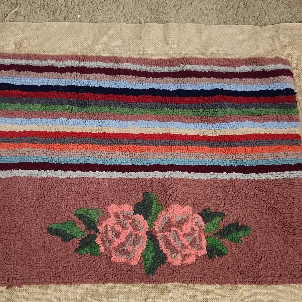 Colorful Striped and Floral Rug Antique Handmade Hooked Rug/pillow